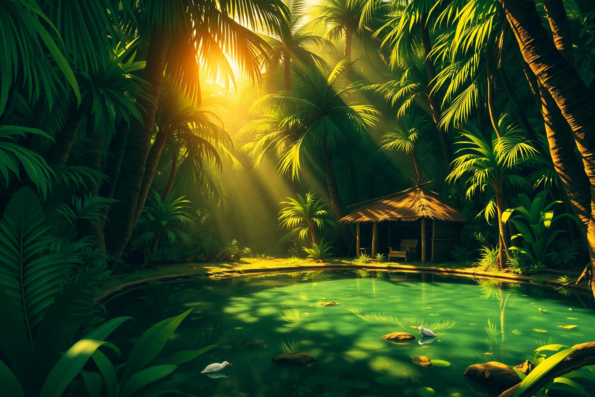 Sunlit jungle with bamboo hut beside a clear pool